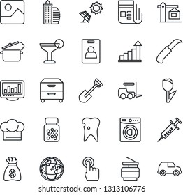 Thin Line Icon Set - fork loader vector, growth statistic, money bag, shovel, garden knife, syringe, pills bottle, caries, tulip, news, touch screen, gallery, monitor statistics, identity card, car