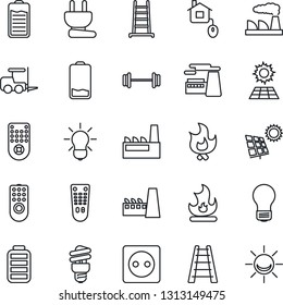 Thin Line Icon Set - fork loader vector, bulb, factory, ladder, fire, barbell, remote control, battery, low, sun panel, home, socket, power plug, energy saving, alarm led