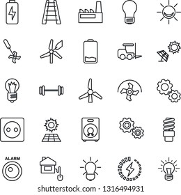 Thin Line Icon Set - fork loader vector, bulb, ripper, ladder, barbell, speaker, low battery, charge, sun panel, windmill, factory, home control, socket, energy saving, alarm led, gear, idea