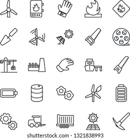 Thin Line Icon Set - fork loader vector, gear, trowel, glove, saw, truck trailer, sea port, flammable, oil barrel, reel, battery, sun panel, windmill, crane, factory, water heater, hard work