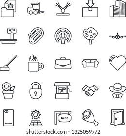 Thin Line Icon Set - fork loader vector, plane, lock, case, flower in pot, well, hoe, heart, package, heavy scales, phone back, paper clip, office building, handshake, sun panel, fruit tree, rent