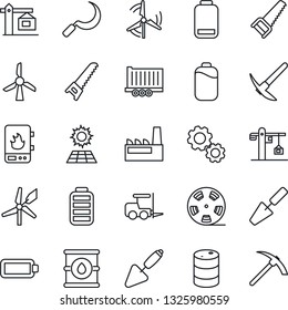 Thin Line Icon Set - fork loader vector, trowel, saw, sickle, truck trailer, oil barrel, reel, battery, low, sun panel, windmill, crane, factory, water heater, gear, hard work