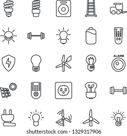 Thin Line Icon Set - fork loader vector, bulb, ladder, barbell, remote control, speaker, protect, battery, sun panel, windmill, socket, power plug, energy saving, alarm led, idea