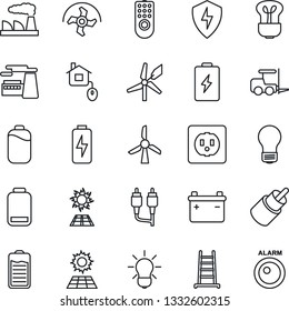 Thin Line Icon Set - fork loader vector, bulb, factory, ripper, ladder, battery, low, rca, protect, charge, sun panel, home control, socket, remote, windmill, alarm led