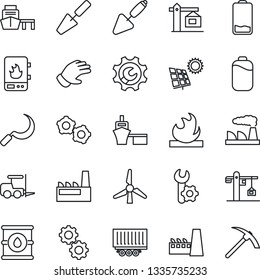 Thin Line Icon Set - fork loader vector, gear, factory, trowel, glove, sickle, truck trailer, sea port, flammable, oil barrel, low battery, root setup, sun panel, windmill, crane, water heater