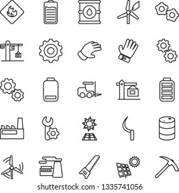 Thin Line Icon Set - fork loader vector, gear, factory, glove, saw, sickle, flammable, oil barrel, battery, low, root setup, sun panel, windmill, crane, hard work