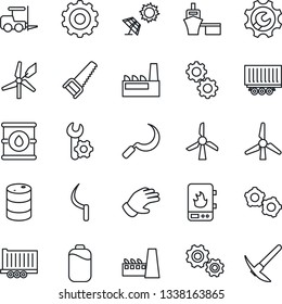 Thin Line Icon Set - fork loader vector, gear, glove, saw, sickle, truck trailer, sea port, oil barrel, battery, root setup, windmill, factory, water heater, sun panel, hard work