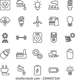 Thin Line Icon Set - fork loader vector, bulb, factory, ripper, barbell, remote control, speaker, rca, battery, sun panel, home, socket, power plug, energy saving, windmill, gear, idea