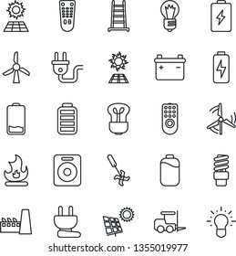 Thin Line Icon Set - fork loader vector, bulb, ladder, fire, ripper, remote control, speaker, battery, low, charge, sun panel, windmill, factory, power plug, energy saving, idea