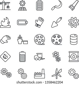 Thin Line Icon Set - fork loader vector, trowel, glove, saw, sickle, sea port, flammable, oil barrel, reel, battery, root setup, sun panel, crane, factory, gear, windmill