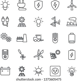 Thin Line Icon Set - fork loader vector, factory, ripper, remote control, low battery, rca, protect, sun panel, windmill, socket, power plug, bulb, alarm led, gear, idea