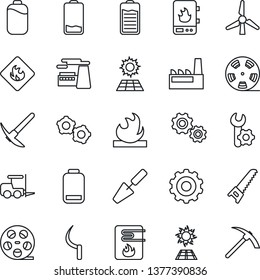 Thin Line Icon Set - fork loader vector, gear, factory, trowel, saw, sickle, flammable, reel, battery, low, root setup, sun panel, windmill, water heater, hard work