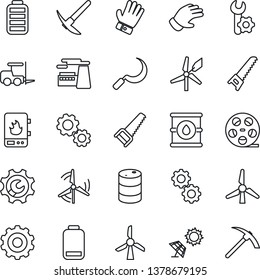 Thin Line Icon Set - fork loader vector, gear, factory, glove, saw, sickle, oil barrel, reel, battery, low, root setup, windmill, water heater, sun panel, hard work