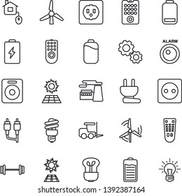Thin Line Icon Set - fork loader vector, factory, barbell, remote control, speaker, battery, low, rca, sun panel, windmill, home, socket, power plug, bulb, energy saving, alarm led, gear, idea