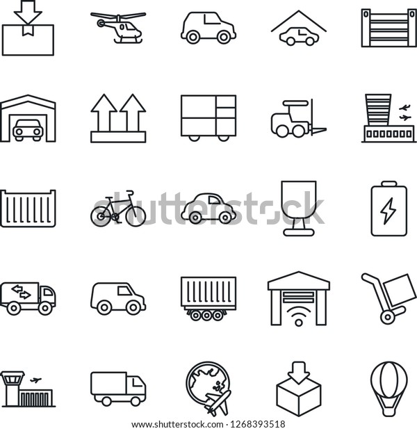 Thin Line Icon Set - fork loader vector,
helicopter, plane globe, airport building, bike, truck trailer,
cargo container, car delivery, consolidated, fragile, up side sign,
package, garage, moving