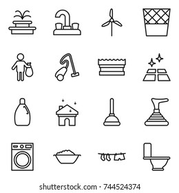 thin line icon set : fountain, water tap, windmill, trash bin, vacuum cleaner, sponge, clean floor, cleanser, house cleaning, plunger, washing machine, foam basin, drying clothe, toilet