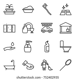 thin line icon set : fountain, washing, tooth brush, clean floor, window, dish cleanser, car wash, utility room, hand and drop, liquid soap, toilet, bath, wiping, brooming, duster