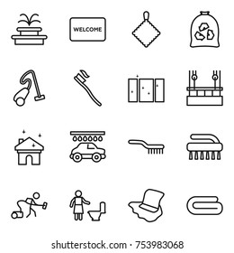 Thin Line Icon Set : Fountain, Welcome Mat, Rag, Garbage Bag, Vacuum Cleaner, Tooth Brush, Clean Window, Skysrcapers Cleaning, House, Car Wash, Toilet, Floor Washing, Towel