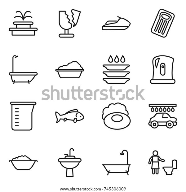 thin line\
icon set : fountain, broken, jet ski, inflatable mattress, bath,\
washing, plate, kettle, measuring cup, fish, soap, car wash, foam\
basin, water tap sink, toilet\
cleaning