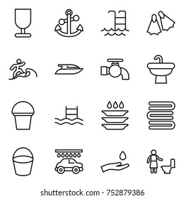 thin line icon set : fragile, anchor, pool, flippers, surfer, yacht, water tap, sink, bucket, plate washing, towels, car wash, hand and drop, toilet cleaning