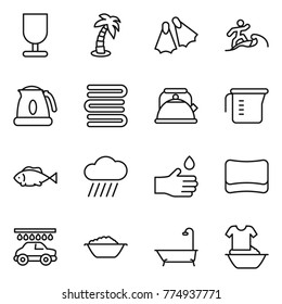 Thin line icon set : fragile, palm, flippers, surfer, kettle, towels, measuring cup, fish, rain cloud, hand drop, sponge, car wash, foam basin, bath, handle washing