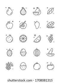 Thin line icon set of fresh fruit, 64x64 Pixel perfect icon, editable icon for web design and application on white isolated background