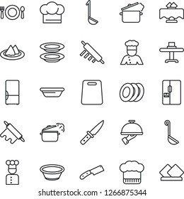 Thin Line Icon Set - fridge vector, cook, restaurant table, serviette, cafe, hat, plates, waiter, ladle, bowl, rolling pin, cutting board, knife, steaming pan