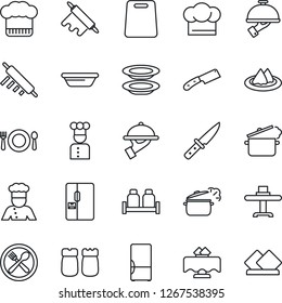 Thin Line Icon Set - fridge vector, cook, restaurant table, serviette, cafe, hat, plates, waiter, salt and pepper, bowl, rolling pin, cutting board, knife, steaming pan