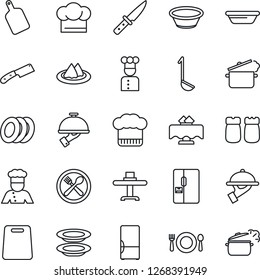 Thin Line Icon Set - fridge vector, cook, restaurant table, serviette, cafe, hat, plates, waiter, salt and pepper, ladle, bowl, cutting board, knife, steaming pan