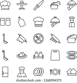 Thin Line Icon Set - fridge vector, cook, restaurant table, serviette, cafe, hat, plates, waiter, salt and pepper, ladle, rolling pin, cutting board, knife, steaming pan