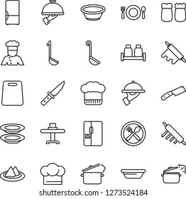 Thin Line Icon Set - fridge vector, cook, restaurant table, serviette, cafe, hat, plates, waiter, salt and pepper, ladle, bowl, rolling pin, cutting board, knife, steaming pan
