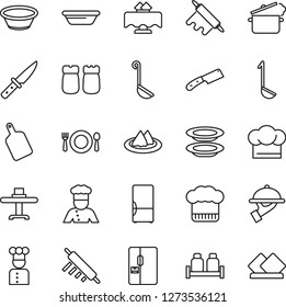 Thin Line Icon Set - fridge vector, cook, restaurant table, serviette, cafe, hat, plates, waiter, salt and pepper, ladle, bowl, rolling pin, cutting board, knife, steaming pan