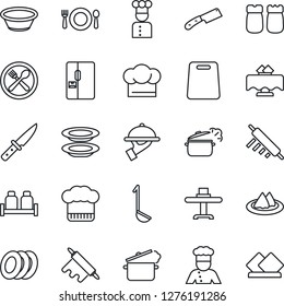 Thin Line Icon Set - fridge vector, cook, restaurant table, serviette, cafe, hat, plates, waiter, salt and pepper, ladle, bowl, rolling pin, cutting board, knife, steaming pan