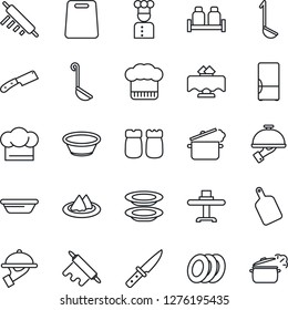 Thin Line Icon Set - fridge vector, cook, restaurant table, serviette, hat, plates, waiter, salt and pepper, ladle, bowl, rolling pin, cutting board, knife, steaming pan