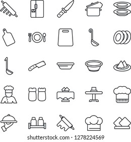 Thin Line Icon Set - fridge vector, cook, restaurant table, serviette, cafe, hat, plates, waiter, salt and pepper, ladle, bowl, rolling pin, cutting board, knife, steaming pan