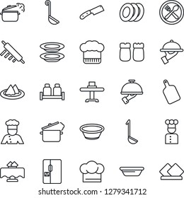 Thin Line Icon Set - fridge vector, cook, restaurant table, serviette, cafe, hat, plates, waiter, salt and pepper, ladle, bowl, rolling pin, cutting board, knife, steaming pan