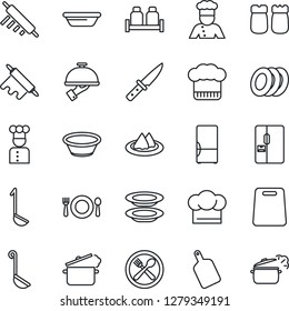 Thin Line Icon Set - fridge vector, cook, serviette, cafe, hat, plates, waiter, salt and pepper, ladle, bowl, rolling pin, cutting board, knife, steaming pan