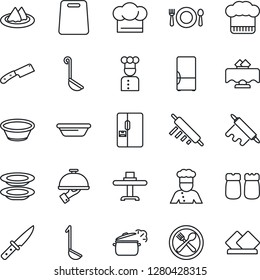 Thin Line Icon Set - fridge vector, cook, restaurant table, serviette, cafe, hat, plates, waiter, salt and pepper, ladle, bowl, rolling pin, cutting board, knife, steaming pan