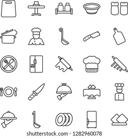 Thin Line Icon Set - fridge vector, cook, restaurant table, cafe, hat, plates, waiter, salt and pepper, ladle, bowl, rolling pin, cutting board, knife, steaming pan, serviette