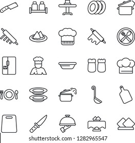 Thin Line Icon Set - fridge vector, cook, restaurant table, serviette, cafe, hat, plates, waiter, salt and pepper, ladle, bowl, rolling pin, cutting board, knife, steaming pan