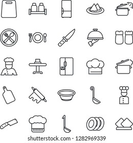 Thin Line Icon Set - fridge vector, cook, restaurant table, serviette, cafe, hat, plates, waiter, salt and pepper, ladle, bowl, rolling pin, cutting board, knife, steaming pan