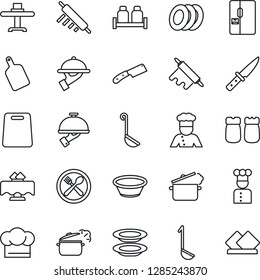 Thin Line Icon Set - fridge vector, cook, restaurant table, cafe, hat, plates, waiter, salt and pepper, ladle, bowl, rolling pin, cutting board, knife, steaming pan, serviette