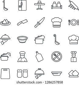 Thin Line Icon Set - fridge vector, cook, restaurant table, serviette, cafe, hat, waiter, salt and pepper, ladle, bowl, rolling pin, cutting board, knife, steaming pan