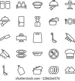 Thin Line Icon Set - fridge vector, cook, restaurant table, cafe, hat, plates, waiter, salt and pepper, ladle, bowl, rolling pin, cutting board, knife, steaming pan, serviette