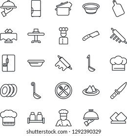 Thin Line Icon Set - fridge vector, cook, restaurant table, serviette, cafe, hat, plates, waiter, salt and pepper, ladle, bowl, rolling pin, cutting board, knife, steaming pan