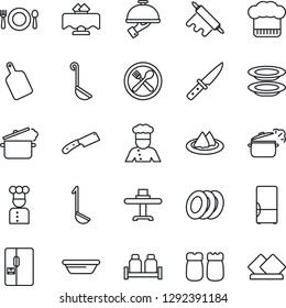 Thin Line Icon Set - fridge vector, cook, restaurant table, serviette, cafe, hat, plates, waiter, salt and pepper, ladle, bowl, rolling pin, cutting board, knife, steaming pan