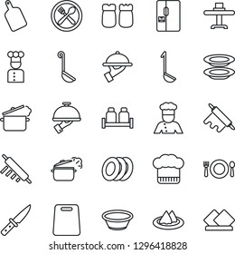 Thin Line Icon Set - fridge vector, cook, restaurant table, serviette, cafe, hat, plates, waiter, salt and pepper, ladle, bowl, rolling pin, cutting board, knife, steaming pan