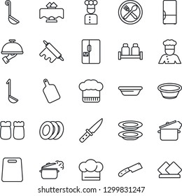 Thin Line Icon Set - fridge vector, cook, restaurant table, cafe, hat, plates, waiter, salt and pepper, ladle, bowl, rolling pin, cutting board, knife, steaming pan, serviette
