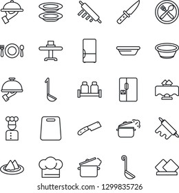 Thin Line Icon Set - fridge vector, cook, restaurant table, serviette, cafe, hat, plates, waiter, salt and pepper, ladle, bowl, rolling pin, cutting board, knife, steaming pan