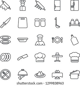 Thin Line Icon Set - fridge vector, cook, restaurant table, serviette, cafe, hat, plates, waiter, salt and pepper, ladle, bowl, rolling pin, cutting board, knife, steaming pan